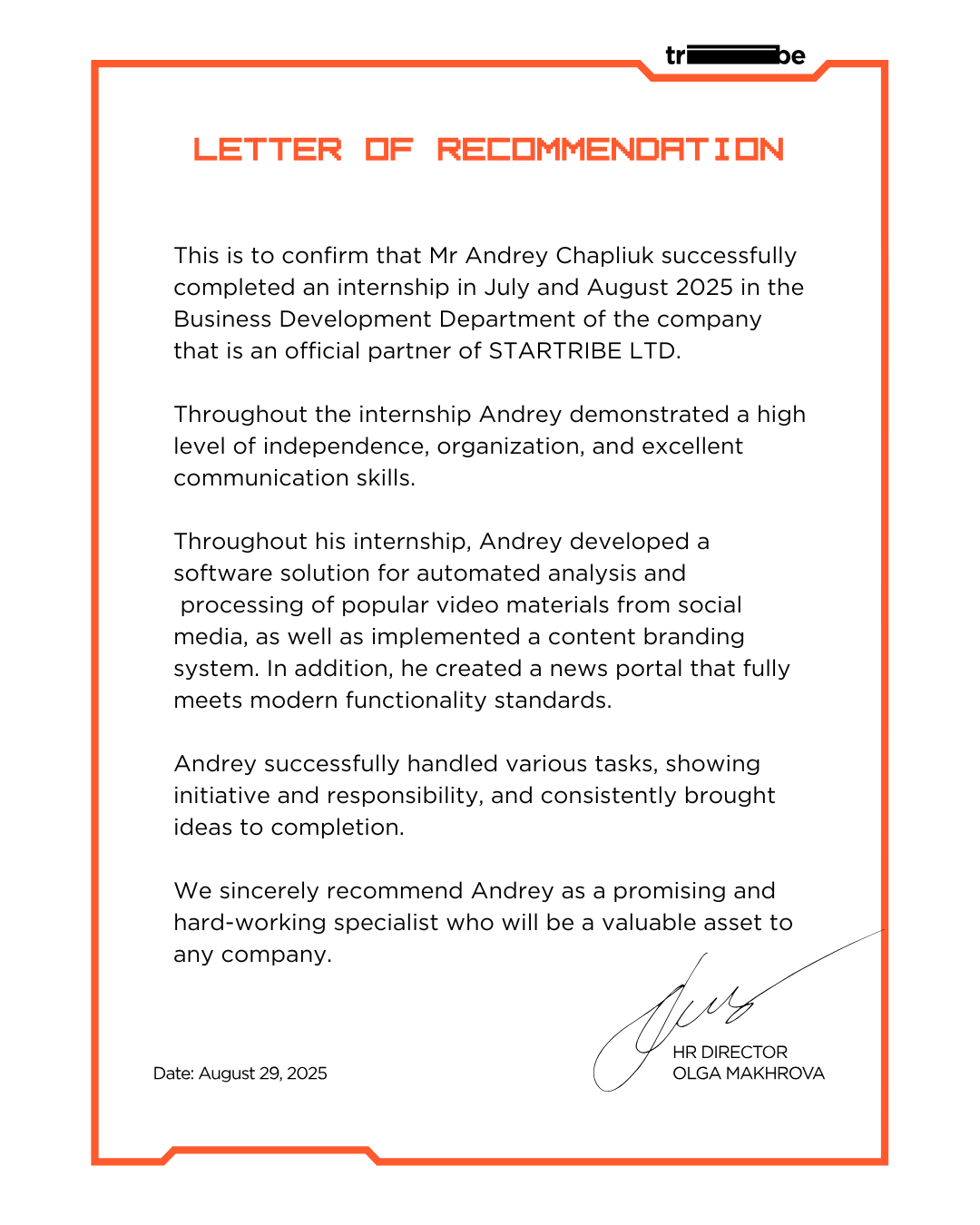 Letter of Recommendation, Andrei Chapliuk